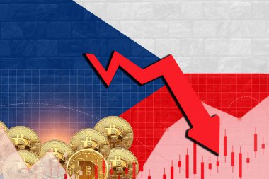 Borsa değeri düşüşü ve kripto para birimi grafik poster tasarımı ile duvar dokusunda Çek Cumhuriyeti bayrağı
