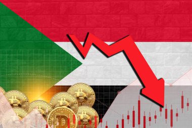 Duvar dokusunda Sudan bayrağı, hisse senedi oranı düşüşü ve kripto para birimi grafik tasarımı poster tasarımı