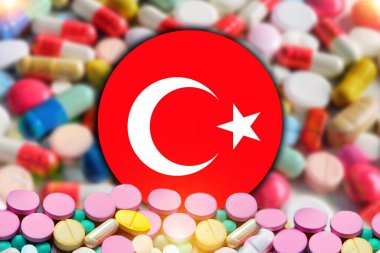 Önünde eczane tabletleri olan hindi bayrakları yuvarlak. Bulanık tabletler. illüstrasyon poster tasarımı.