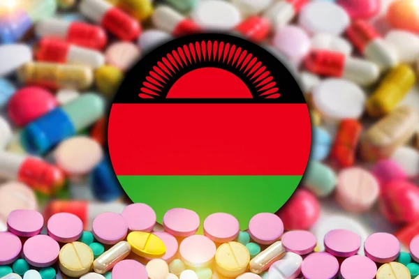 Σημαία Μαλάουι Στρογγυλό Σχήμα Δισκία Φαρμακείο Μπροστά Θολά Δισκία Φόντο — Φωτογραφία Αρχείου