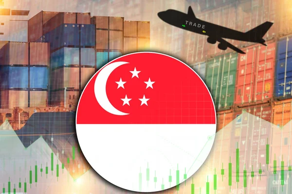 Singapore flag round shape with aero plane and containers in harbor trade concept illustration poster design.