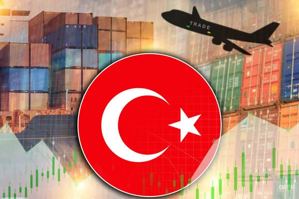 Aero uçağı ve liman ticaret konsepti illüstrasyon poster tasarımı konteynerleriyle Türkiye bayrağı yuvarlak