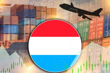  Lüksemburg bayrağı havacılık uçağı ve liman ticaret konsepti illüstrasyon poster tasarımı konteynerleri ile yuvarlak şekilli