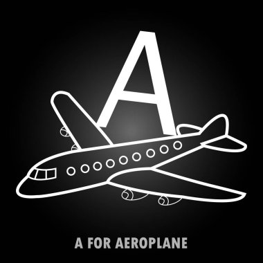 A) Uçak için A) Uçak çizgisi sanatı işareti. Siyah arka planda izole edilmiş. eps10.