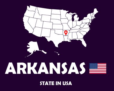 Arkansas eyaleti Amerika bayrağı ve beyaz siluet haritalı metin tasarımı