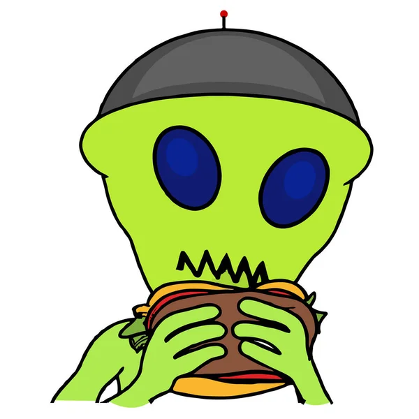 Alien Eating Hamburger Colorful Simple Drawing Design Isolated White Eps10 — Stock Vector