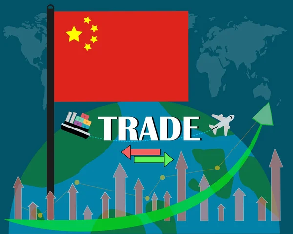 中国国旗站在他们的世界智慧贸易概念矢量设计 深蓝色背景的孤立物 — 图库矢量图片