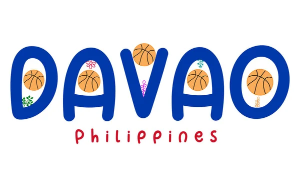 Davao Filipinas Letras Con Diseño Decorativo Baloncesto Flores Para Diseño — Vector de stock