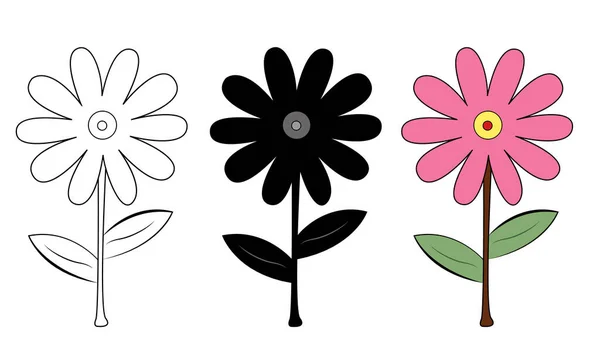 Sada Jednoduchého Květinového Designu Obrysem Siluetou Barvou Izolované Bílém Pozadí — Stockový vektor