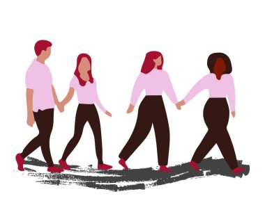 Group of teenagers holding hands and walking on the road, drawn in a flat cartoon style. Vector illustration. transparent background. clipart