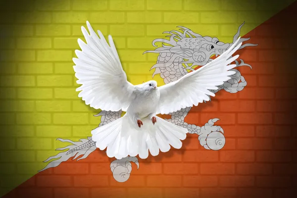 Dove fly with the background of Bhutan flag and wall texture. peace concept. illustration design