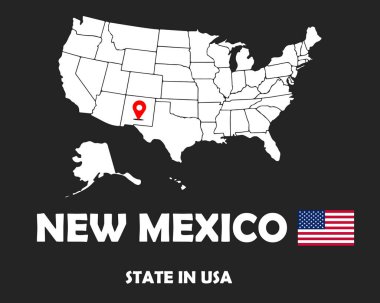 ABD 'nin New Mexico eyaleti Amerika bayrağı ve beyaz siluet haritalı metin tasarımı.
