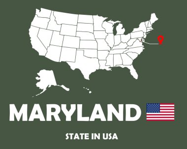 Maryland eyaleti Amerika bayrağı ve beyaz siluet haritalı metin tasarımı.