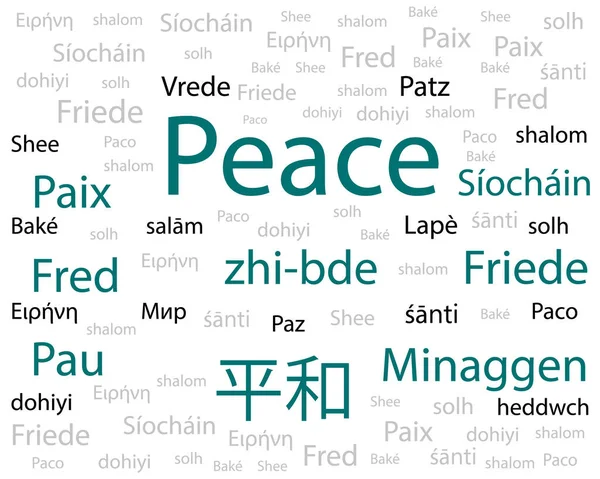 Friedenswortwolke Verschiedenen Sprachen Konzepthintergrund Isoliert Auf Weiß Vektor Eps10 — Stockvektor