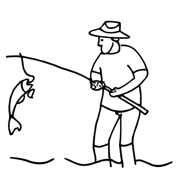 Mann Fängt Einen Fisch Mit Handgemachter Angelrute Einfache Zeichnung Isoliert — Stockvektor
