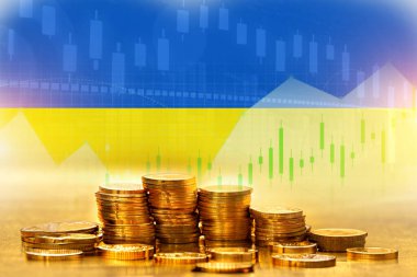 Renkli altın sikkeli Ukrayna bayrağı. ticaret konsepti illüstrasyon poster tasarımı.
