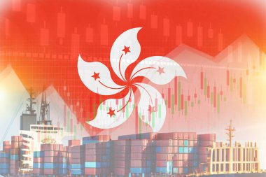 Gemide konteynırlar olan Hong Kong bayrağı. ticaret grafiği konsepti poster tasarımını gösterir