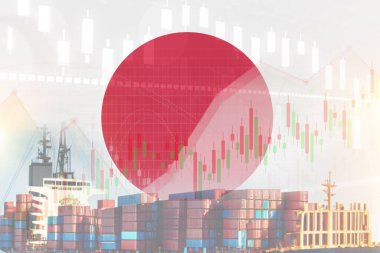 Gemide konteynırlar olan Japonya bayrağı. ticaret grafiği konsepti poster tasarımını gösterir.