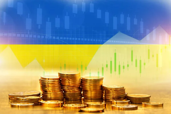 Ukraina Flagga Med Färgglada Guldmynt Handel Begrepp Illustration Affisch Design — Stockfoto