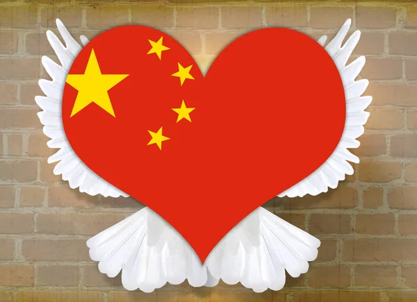 Σημαία Της Κίνας Σχήμα Καρδιάς Σχέδιο Φτερό Περιστέρι Εικονογράφηση Αφίσα — Φωτογραφία Αρχείου
