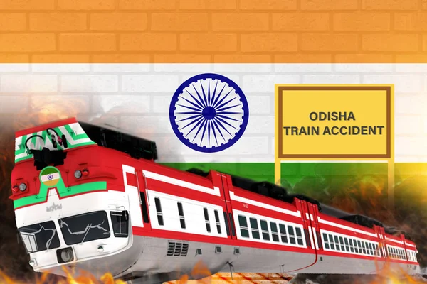 Train crash with Odisha train accident text and India flag background. illustration poster design