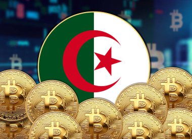 Bitcoin ve hisse senedi çizim poster tasarımlarıyla Cezayir bayrağı yuvarlak.