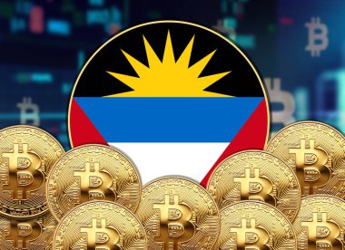 Antigua ve Barbuda bayrak yuvarlak şekilli bitcoin ve hisse senedi oranı illüstrasyon poster tasarımı.