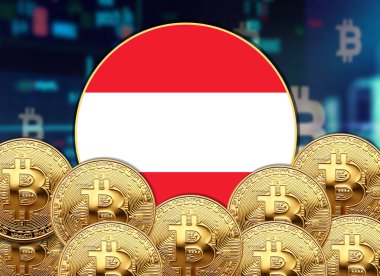 Avusturya bayrak yuvarlak şekilli bitcoin ve hisse senedi çizim poster tasarımı