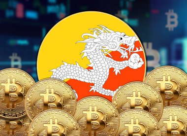 Bitcoin ve hisse senedi çizim poster tasarımlı Butan bayrağı yuvarlak şekli.