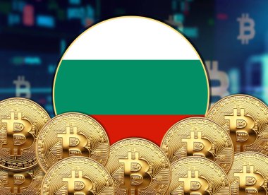 Bulgaristan bitcoin ve hisse senedi çizim poster tasarımı ile bayrak şeklinde yuvarlak.