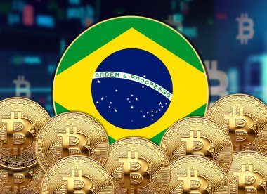 Brezilya bayrak yuvarlak şekilli bitcoin ve hisse senedi çizim poster tasarımı.