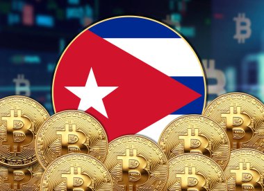 Bitcoin ve hisse senedi çizim poster tasarımı ile Küba bayrağı yuvarlak.