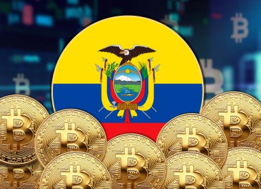 Bitcoin ve hisse senedi çizim poster tasarımlı Ekvador bayrağı yuvarlak şekli.