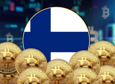 Bitcoin ve hisse senedi çizim poster tasarımlarıyla Finlandiya bayrağı yuvarlak