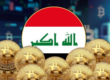 Bitcoin ve hisse senedi çizim poster tasarımlarıyla Irak bayrağı yuvarlak.