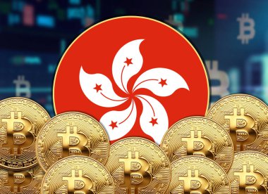 Hong Kong bayrağı bitcoin ve hisse senedi çizimi poster tasarımı ile yuvarlak şekilli