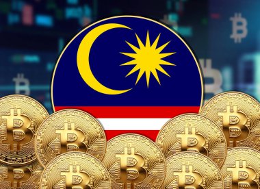 Malezya bayrak yuvarlak şekilli bitcoin ve hisse senedi çizim poster tasarımı.