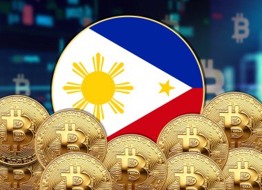 Filipinler bayrak yuvarlak şekilli bitcoin ve hisse senedi çizim poster tasarımı.