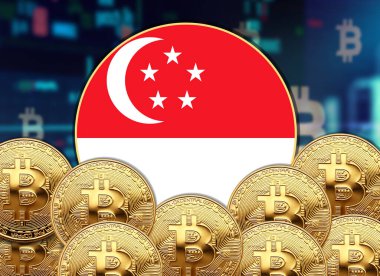 Singapur bayrağı, bitcoin ve hisse senedi çizimi poster tasarımı ile yuvarlak şekilli.
