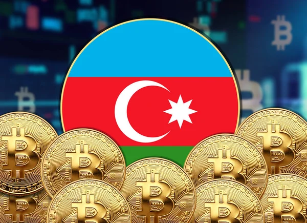 Bitcoin ve hisse senedi çizim poster tasarımlı Azerbaycan bayrağı yuvarlak şekli.