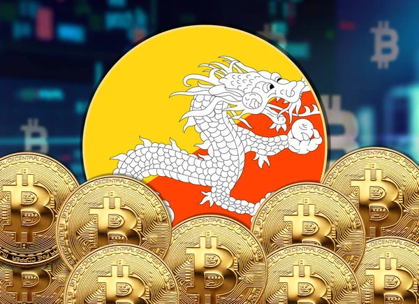 Bitcoin ve hisse senedi çizim poster tasarımlı Butan bayrağı yuvarlak şekli.