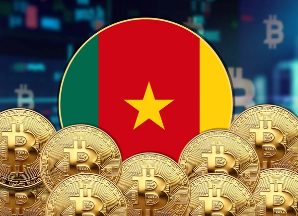 Σημαία Καμερούν Στρογγυλό Σχήμα Bitcoin Και Σχέδιο Αφίσας Μετοχών — Φωτογραφία Αρχείου