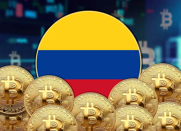 Σημαία Κολομβίας Στρογγυλό Σχήμα Bitcoin Και Σχέδιο Αφίσας Τιμή Μετοχών — Φωτογραφία Αρχείου