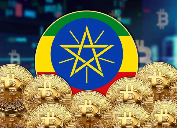 Αιθιοπία Σημαία Στρογγυλό Σχήμα Bitcoin Και Σχέδιο Αφίσας Εικονίδιο Μετοχών — Φωτογραφία Αρχείου