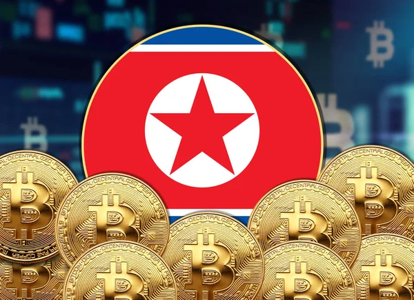 Σημαία Βόρειας Κορέας Στρογγυλό Σχήμα Bitcoin Και Σχέδιο Αφίσας Μετοχών — Φωτογραφία Αρχείου