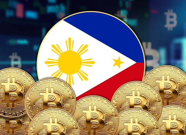 Σημαία Φιλιππίνων Στρογγυλό Σχήμα Bitcoin Και Σχέδιο Αφίσας Μετοχών — Φωτογραφία Αρχείου