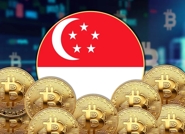 Singapur bayrağı, bitcoin ve hisse senedi çizimi poster tasarımı ile yuvarlak şekilli.