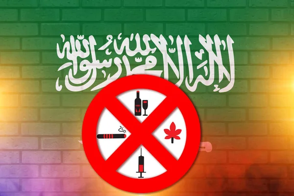Suudi Arabistan Bayrağı illüstrasyon posterinde sigara, uyuşturucu ve alkol yasak..