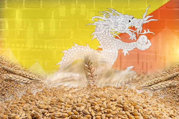 Bhutan bayrağı ve duvar dokusu illüstrasyon poster tasarımlı tahıl gevreği grubu. gevrekler ticaret ekonomisi kavramı