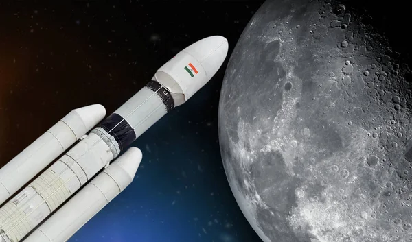  Chandrayaan 3 ay arka planında. Bu görüntünün unsurları NASA ve ISRO tarafından desteklenmektedir. İllüstrasyon kavramı.